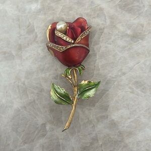 Elegant Red Rose Brooch with Gold Accents stamped ART
